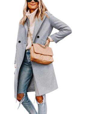Women's Light Grey Wool Coat Notch Lapel Double-Breasted Casual Mid-Length